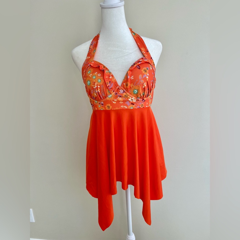 Faircore Floral Assymetric Hem Colorful Halter Swim Top Size 8 Top Only
